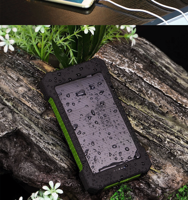 SunCache solar power bank beaded with rain on a wet log