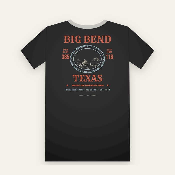 Black tee, back print: a red and blue rodeo poster, BIG BEND over a rider in an oval, TEXAS below