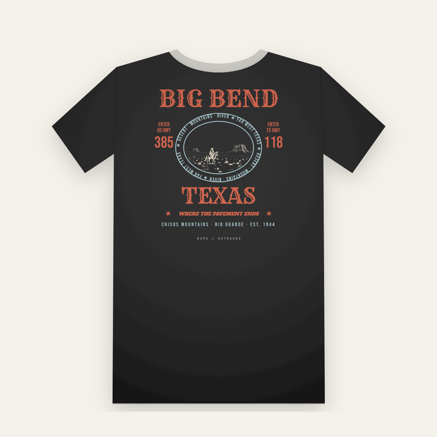 Black tee, back print: a red and blue rodeo poster, BIG BEND over a rider in an oval, TEXAS below