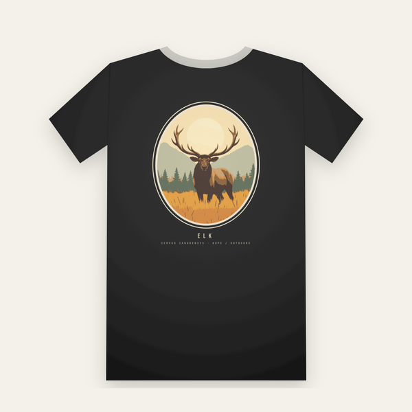 Black tee, back print: a bull elk in golden grass inside a large oval