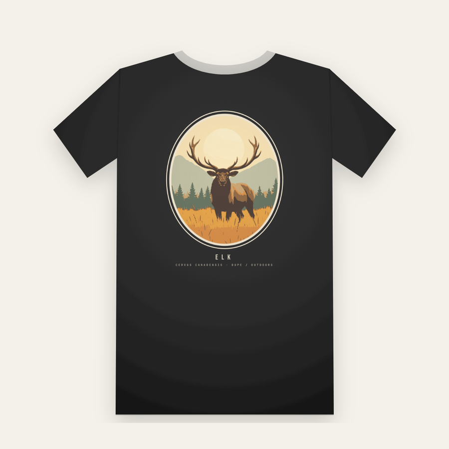 Black tee, back print: a bull elk in golden grass inside a large oval