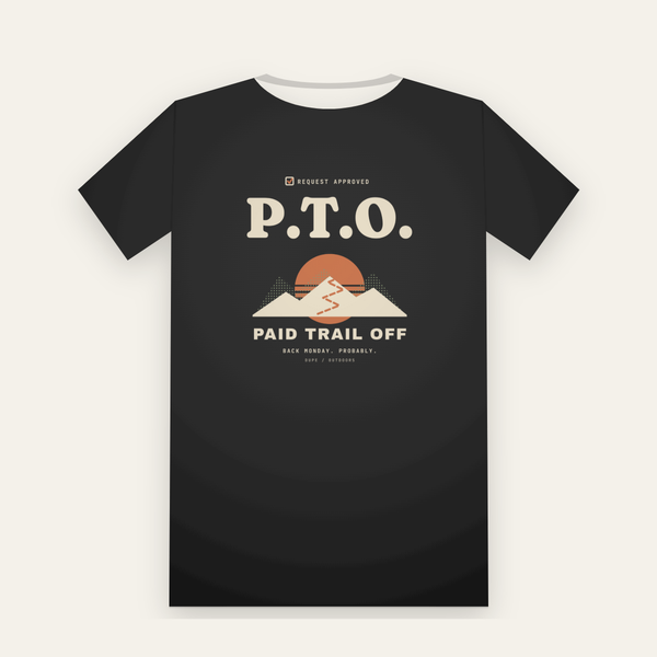 Black tee, back print: P.T.O. over a mountain and sunset, Paid Trail Off