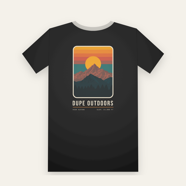 Black tee, back print: a sharp peak in front of a setting sun and banded orange sky, DUPE OUTDOORS below