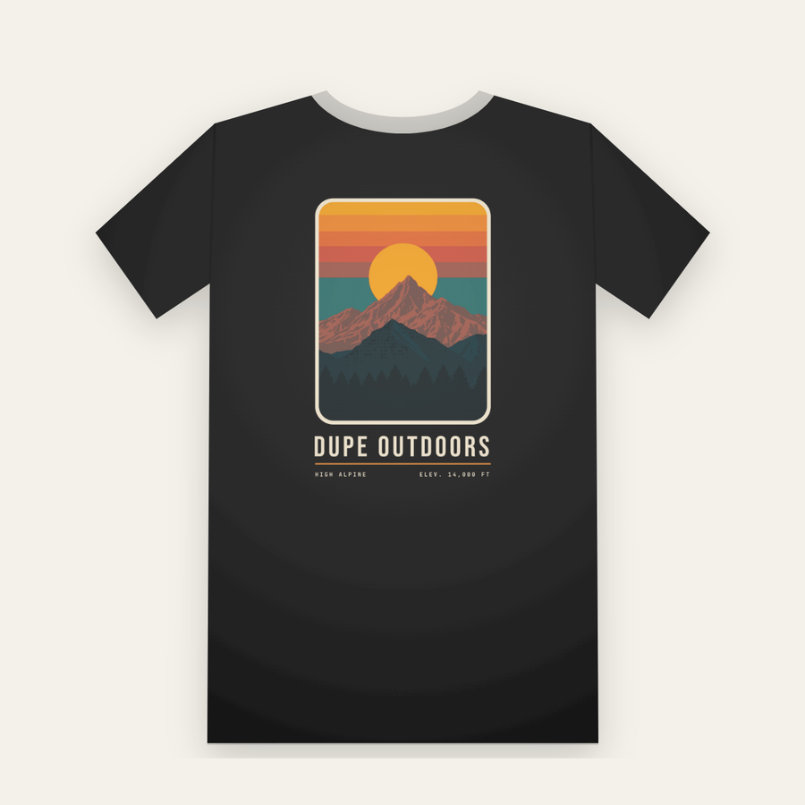 Black tee, back print: a sharp peak in front of a setting sun and banded orange sky, DUPE OUTDOORS below