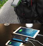 SunCache clipped to a backpack strap, and charging a phone and tablet at once