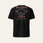 Black tee photographed from the back: the full Big Bend print