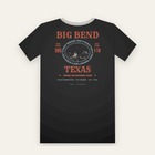 Black tee, back print: a red and blue rodeo poster, BIG BEND over a rider in an oval, TEXAS below