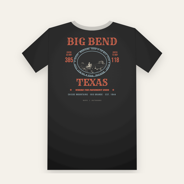 Black tee, back print: a red and blue rodeo poster, BIG BEND over a rider in an oval, TEXAS below