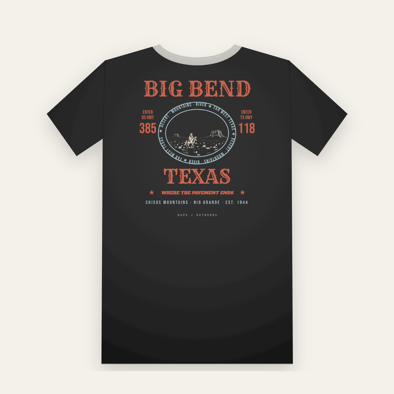 Black tee, back print: a red and blue rodeo poster, BIG BEND over a rider in an oval, TEXAS below