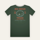 Forest green tee, back print: a red and blue rodeo poster, BIG BEND over a rider in an oval, TEXAS below