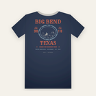 Navy tee, back print: a red and blue rodeo poster, BIG BEND over a rider in an oval, TEXAS below