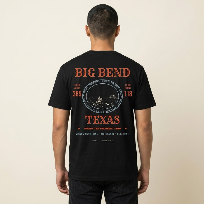 Big Bend Tee in black, back print, worn