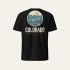 Black tee photographed from the back: the full Colorado print