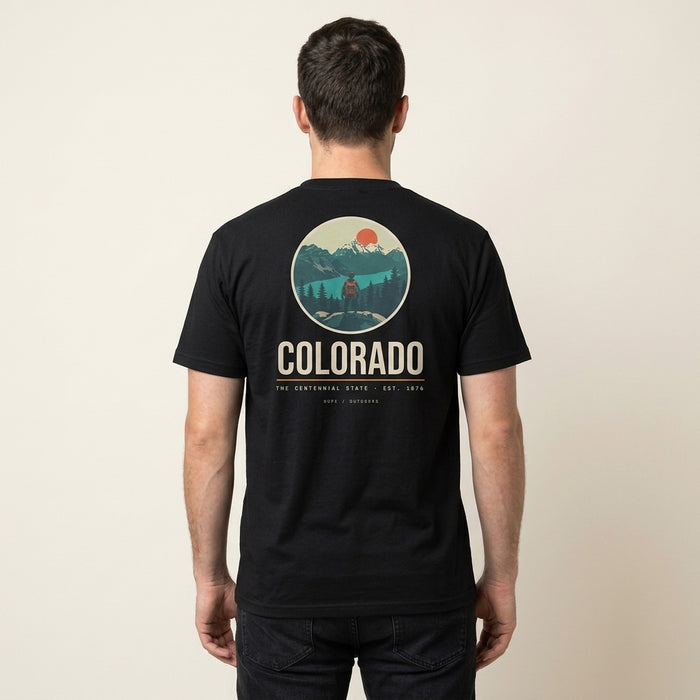 Colorado Tee in black, back print, worn