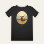 Black tee, back print: a bull elk in golden grass inside a large oval