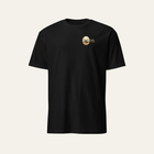 Black tee photographed from the front: small oval elk badge and Dupe Outdoors on the left chest