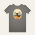 Charcoal tee, back print: a bull elk in golden grass inside a large oval