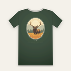 Forest green tee, back print: a bull elk in golden grass inside a large oval