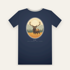 Navy tee, back print: a bull elk in golden grass inside a large oval
