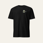 Black tee photographed from the front: small arched bear badge and Dupe Outdoors on the left chest