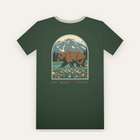Forest green tee, back print: a grizzly bear in a wildflower meadow under a snowy peak, inside a large arch