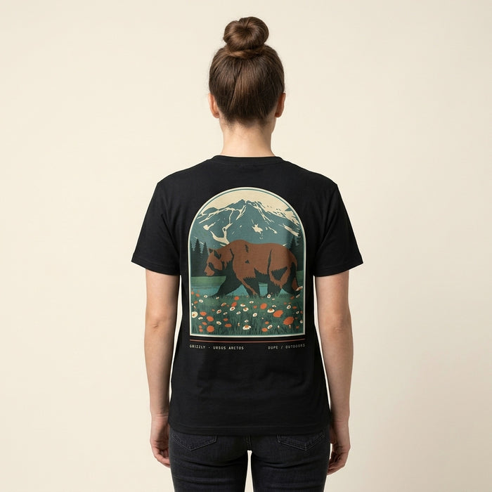 Grizzly Tee in black, back print, worn