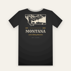 Black tee, back print: an inked bison and peaks inside the Montana state outline, MONTANA below