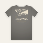 Charcoal tee, back print: an inked bison and peaks inside the Montana state outline, MONTANA below