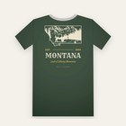 Forest green tee, back print: an inked bison and peaks inside the Montana state outline, MONTANA below