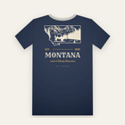 Navy tee, back print: an inked bison and peaks inside the Montana state outline, MONTANA below