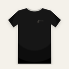 Black tee, small left chest print: empty signal bars, No Service, low battery
