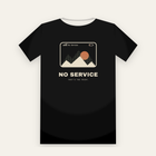 Forest green tee, back print: a phone screen reading No Service over a mountain sunset