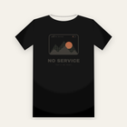 Sand tee, back print: a phone screen reading No Service over a mountain sunset, in dark ink