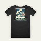 Black tee, back print: a huge wave in front of snowy peaks, PACIFIC COAST below