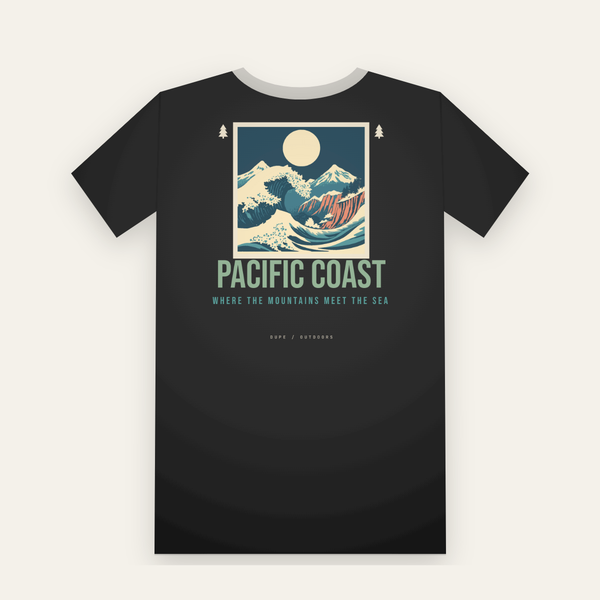 Black tee, back print: a huge wave in front of snowy peaks, PACIFIC COAST below