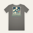 Charcoal tee, back print: a huge wave in front of snowy peaks, PACIFIC COAST below