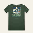 Forest green tee, back print: a huge wave in front of snowy peaks, PACIFIC COAST below