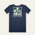 Navy tee, back print: a huge wave in front of snowy peaks, PACIFIC COAST below