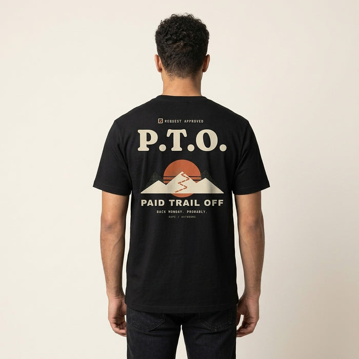 P.T.O. Tee in black, back print, worn