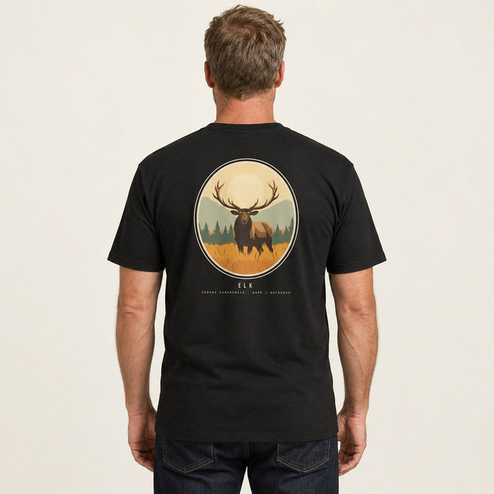 Elk Tee in black, back print, worn