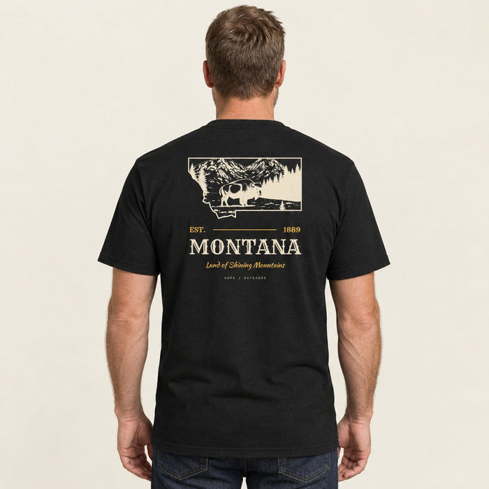 Montana Tee in black, back print, worn