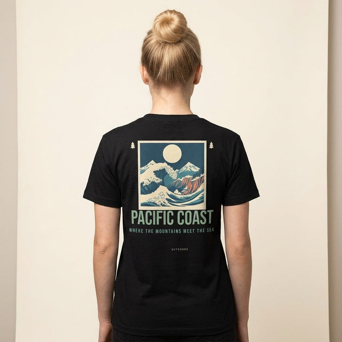 Pacific Coast Tee in black, back print, worn