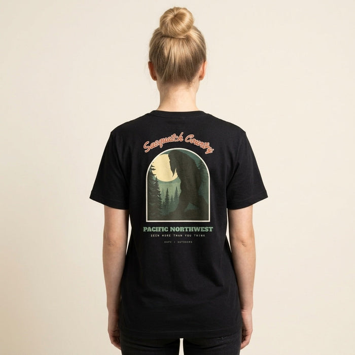 Sasquatch Country Tee in black, back print, worn