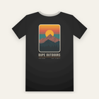 Black tee, back print: a sharp peak in front of a setting sun and banded orange sky, DUPE OUTDOORS below
