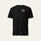 Black tee photographed from the front: small sunset badge and Dupe Outdoors on the left chest