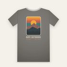 Charcoal tee, back print: a sharp peak in front of a setting sun and banded orange sky, DUPE OUTDOORS below