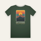 Forest green tee, back print: a sharp peak in front of a setting sun and banded orange sky, DUPE OUTDOORS below
