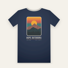 Navy tee, back print: a sharp peak in front of a setting sun and banded orange sky, DUPE OUTDOORS below