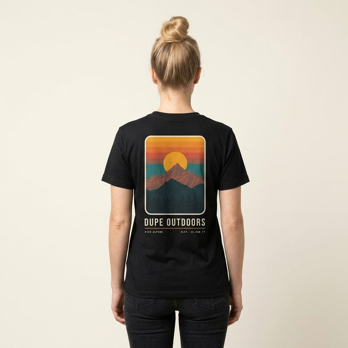 Ridgeline Tee in black, back print, worn