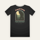 Black tee, back print: Sasquatch Country arched over a sasquatch in the pines under a full moon